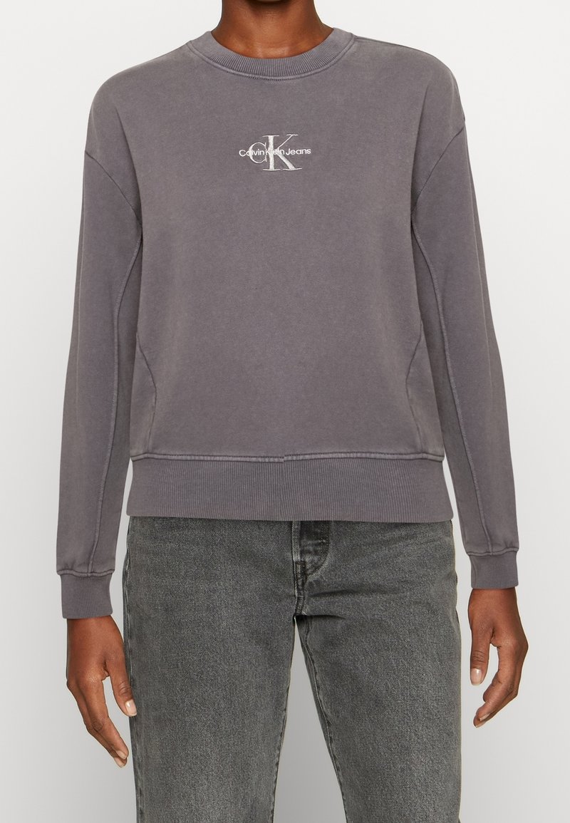 Felpa grigia in cotone con maniche lunghe, collo a girocollo, polsini e orlo a costine, con un piccolo logo bianco Calvin Klein Jeans sul petto.