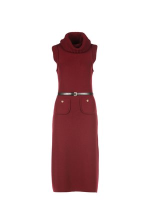 Majica brez rokavov v burgundski barvi z visokim ovratnikom, črn pas in sprednji žepi z zlatimi gumbi, dolžina do kolen.