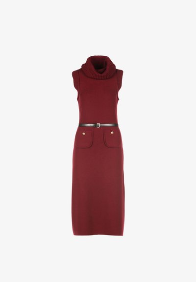 Majica brez rokavov v burgundski barvi z visokim ovratnikom, črn pas in sprednji žepi z zlatimi gumbi, dolžina do kolen.