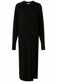Schwarzes geripptes Strickkleid mit langen Ärmeln, Rundhalsausschnitt und gerader Silhouette; verfügt über einen seitlichen Schlitz für zusätzlichen Detail.