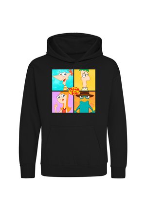 Sort hættetrøje med fire farverige tegneseriefigurer fra Phineas og Ferb arrangeret i en firkant med showets logo i midten.