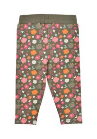 Blumenleggings mit grünem Hintergrund und rosa, orangefarbenen und weißen Blumen. Elastischer Bund, schmale Passform und Material aus Baumwollmischung.