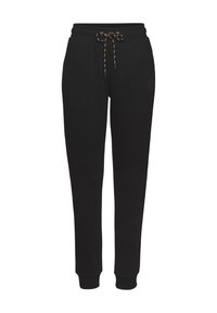 Schwarze Jogginghose aus weichem Stoff mit elastischem Taillenzug und Kordelzug. Schmal zulaufende Beine ohne sichtbare Muster oder Akzente.