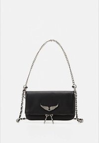 Black leather handbag with a silver chain strap, featuring a wing design on the front and a zip closure at the bottom.