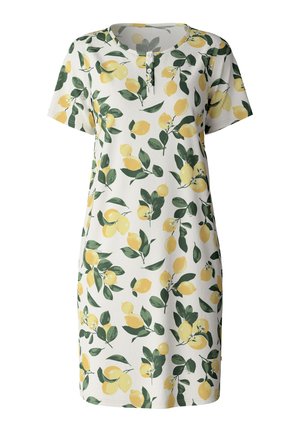 Kurzes, ärmelloses Kleid aus weichem Stoff mit einem Zitronen- und Blattmuster in Gelb und Grün auf einem weißen Hintergrund. Mit Knopfleiste.