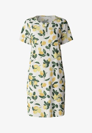 Robe à manches courtes en tissu doux, présentant un motif de citrons et de feuilles jaunes et vertes sur fond blanc. Comprend une patte de boutonnage.