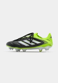 Black and neon green soccer cleat with a textured upper, white stripes, and a lightweight, cleated sole for traction. Features black laces.