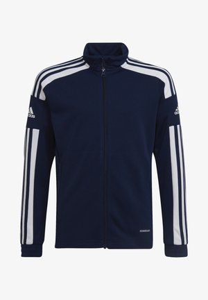 Navy zip-up sports jacket made of soft fabric, featuring white side stripes, high collar, and "AEROREADY" logo on the lower front.