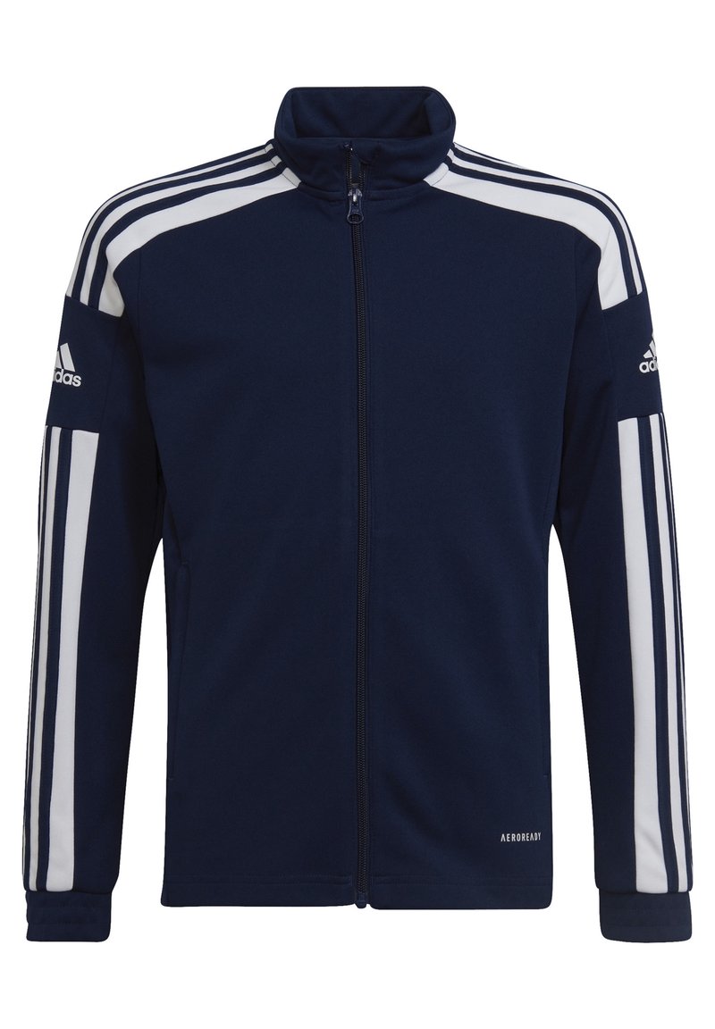 Veste de sport zippée bleu marine en tissu doux, avec des bandes latérales blanches, un col montant et le logo "AEROREADY" sur le bas devant.