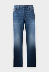 Donkerblauwe denim jeans met een rechte pijp, voorzien van een vervaagde wassing. Inclusief een knoopsluiting aan de voorkant en zakken.