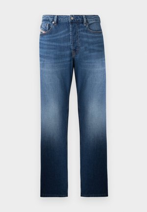 Dark blue denim jeans with a straight-leg design, featuring a faded wash effect. Includes a front button closure and pockets.
