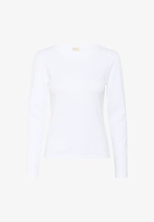 Bílý dlouhý rukáv top vyrobený z měkké bavlny s kulatým výstřihem a přiléhavým střihem. Hladká textura a minimální švy.