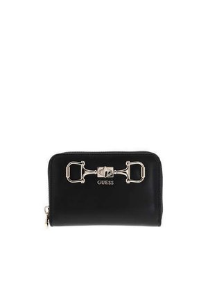 Portefeuille noir zippé avec détail en métal doré en forme de mors de cheval et logo "GUESS" au centre avant.