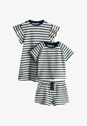 Conjunto de ropa infantil a rayas blancas y azul marino con vestido de manga corta, camisa de manga corta y pantalones cortos con cordón en la cintura.