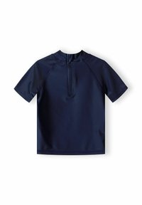 T-shirt de bain à manches courtes en bleu marine, avec un col haut et une fermeture éclair dans le dos. Fabriqué en tissu lisse et extensible avec des coutures plates.