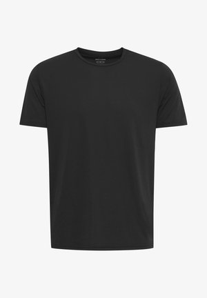 Black t-shirt made of soft fabric, with a round neckline and short sleeves. Features a simple design and a relaxed fit.