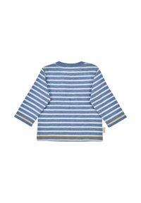 Langarmhemd mit einem hellblauen und weißen Streifenmuster, verziert mit goldenen Steppnähten an den Bündchen und am Saum. Aus weichem Stoff gefertigt.