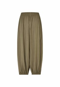 Pantalon vert olive à coupe ample avec ceinture et poignets élastiques, fabriqué en tissu léger.