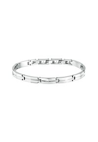 Bracciale d'argento con anelli intrecciati. Superficie liscia e lucida, forme dei collegamenti rettangolari e design minimalista.