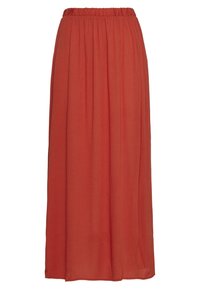 Jupe longue de couleur rouge orangé uni, réalisée en tissu léger et fluide avec une taille élastique et un design plissé.