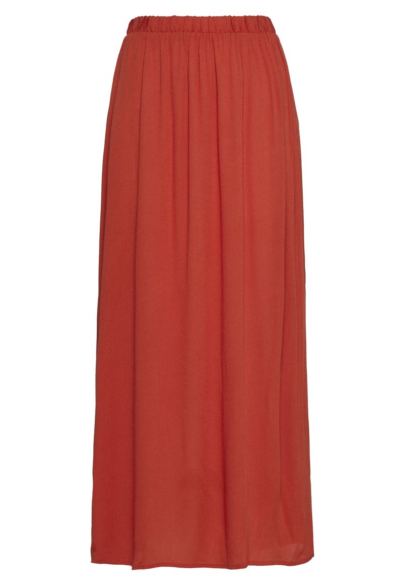 Jupe longue de couleur rouge orangé uni, réalisée en tissu léger et fluide avec une taille élastique et un design plissé.