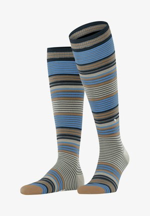 Calze al ginocchio con una combinazione di righe orizzontali blu, marroni, grigie e nere. Realizzate in tessuto morbido con punta e tallone rinforzati.