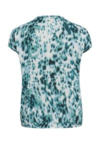 Krátký rukáv top s mátově zeleným a černým leopardím vzorem na světlém pozadí. Tkanina vypadá lehce a hladce.
