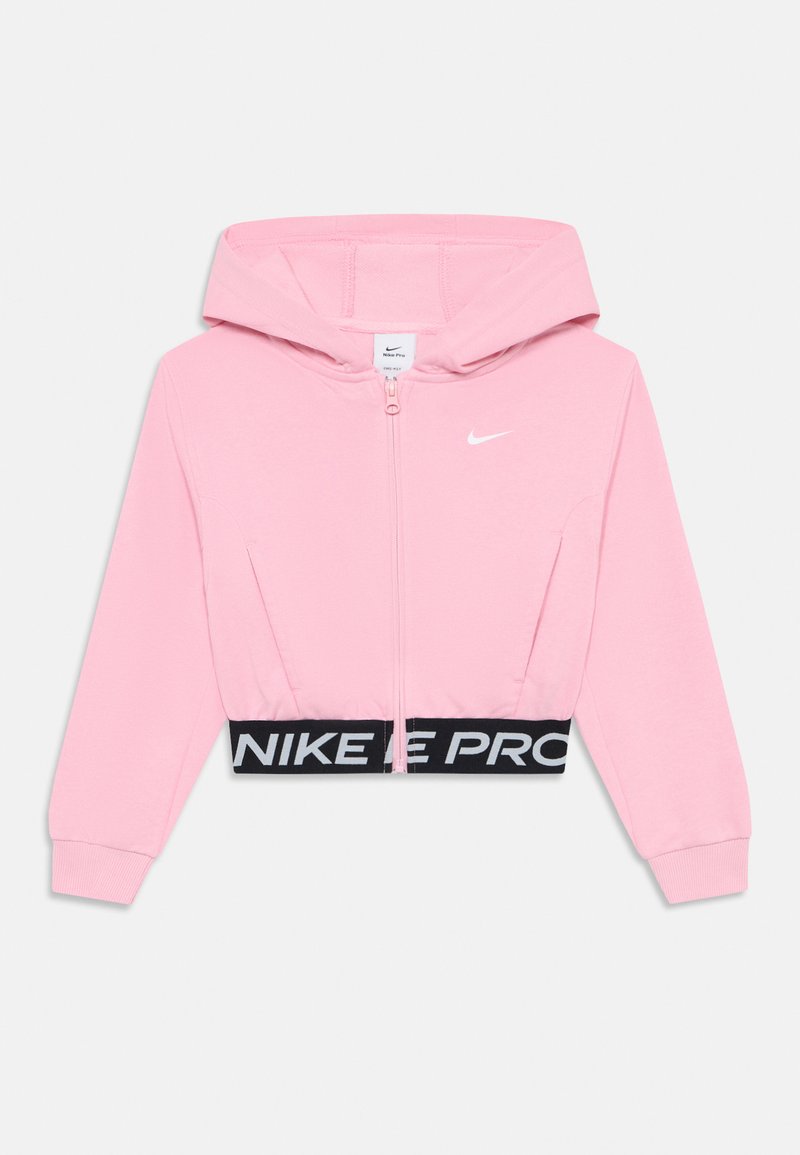Haut à capuche court rose avec fermeture éclair complète, capuche, manches longues et taille noire mettant en avant le texte blanc "NIKE PRO" et un petit logo Nike blanc.