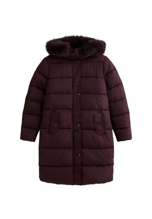 Giacca puffer borgogna con cappuccio foderato in pelliccia sintetica, bottoni a pressione e due tasche anteriori. Il design è trapuntato con cuciture orizzontali.