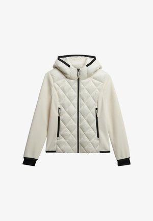 Weiß gesteppte Jacke mit Kapuze, mit kontrastierendem schwarzen Reißverschluss und Bündchen, glattem Stoff, Rautenmuster auf der Vorderseite und Seitentaschen.