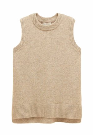 Beige ärmelloser Strickpullover mit geripptem Rundhalsausschnitt und Saum. Weiche Textur, leicht lockere Form ohne sichtbare Muster oder Hardware-Details.