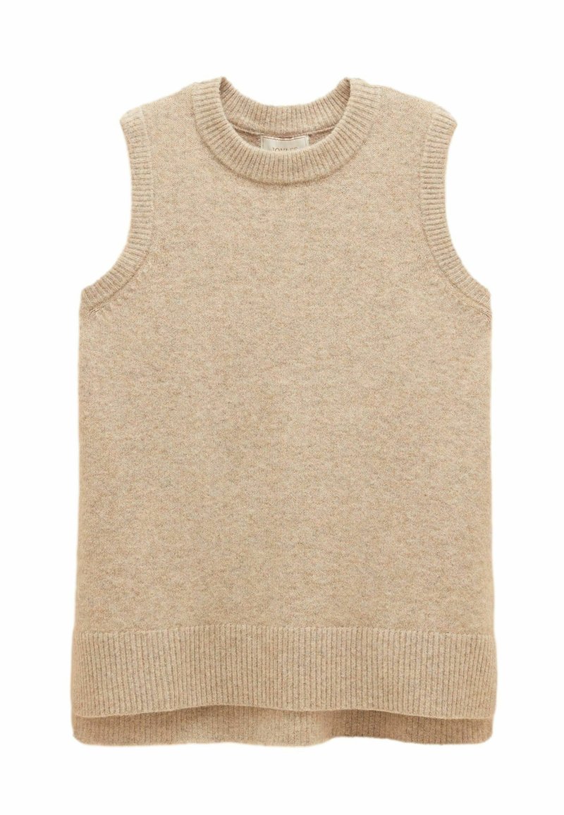 Beige ärmelloser Strickpullover mit geripptem Rundhalsausschnitt und Saum. Weiche Textur, leicht lockere Form ohne sichtbare Muster oder Hardware-Details.