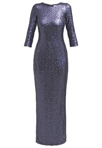 Lång, figursydd klänning i marinblått med paljetter, trekvartslånga ärmar och rund halsringning.
