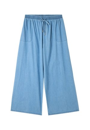 Pantaloni a gamba larga di colore azzurro chiaro realizzati in denim. Presentano un elastico in vita con cordino e due tasche laterali. Tessuto morbido.