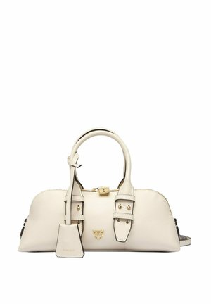 Borsa in pelle crema con parte superiore arrotondata, doppie maniglie e tracolla removibile. Presenta dettagli in oro e una targhetta con il logo.