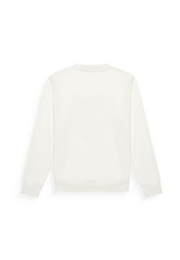 Sudadera blanca de manga larga con escote redondo. Tejido suave, puños y dobladillo acanalados, y diseño minimalista sin marcas visibles.