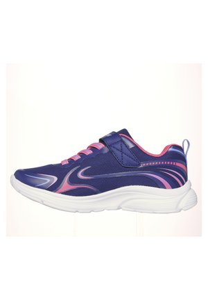 Purple athletic shoe with pink accents, mesh upper, white sole, elastic laces, and a velcro strap for secure fit. Features curved design lines.