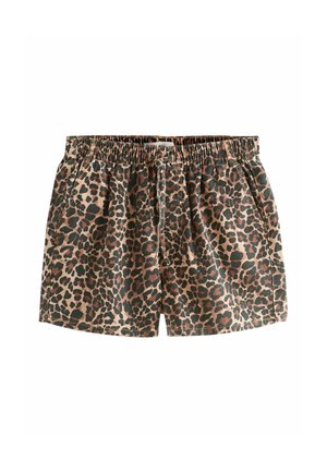 Šortky s elastickým leopardím pásom s prednými vreckami a sťahovacou šnúrkou, v hnedej a čiernej farbe.