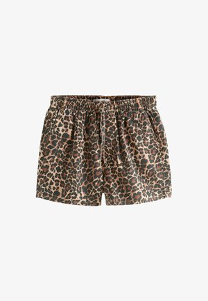 Šortky s elastickým leopardím pásom s prednými vreckami a sťahovacou šnúrkou, v hnedej a čiernej farbe.