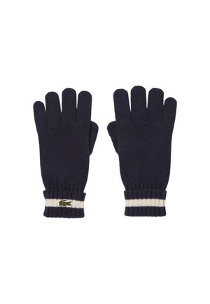Marine gebreide handschoenen met vijf vingeropeeningen, ribgebreide manchetten met een witte streep en een klein groen krokodillenlogo op de pols.