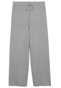 Pantaloni da tuta grigi a gamba larga realizzati in tessuto morbido con vita elastica e coulisse. Senza tasche, design semplice e tessuto liscio.