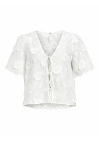 Hvid broderet bluse med V-udskæring, korte flared ærmer og snoretræk foran. Blomstermønster med teksturerede detaljer.
