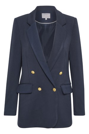 Blazer pour femme bleu marine à double boutonnage avec boutons dorés, revers à crans et poches à rabat, taille 38.