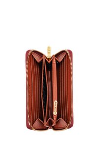 Brown leather wallet with a burgundy exterior, zippered closure, multiple card slots, and a central zip compartment for coins. Gold hardware accents.