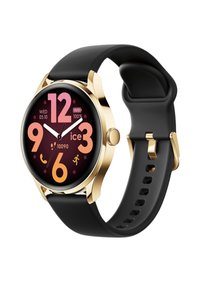 Cassa in metallo dorato con cinturino in silicone nero, display rotondo che mostra l'ora, la data, la durata della batteria e icone di attività in rosa e arancione su uno sfondo scuro.