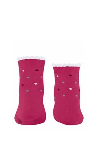 Chaussettes en coton rose avec un bord blanc festonné, arborant un motif à pois rouge, gris et blanc. Texture douce, longueur mi-mollet.