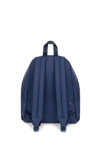 Zaino blu navy con forma arrotondata, spallacci imbottiti, maniglia superiore e tasca laterale. Realizzato in tessuto resistente con dettagli di cucitura.