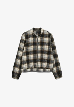 Trumpas švarkas, dryžuotas raštu, su juodos, baltos ir pilkos spalvų tonais ir rudos akcentais; su užtrauktuku priekyje, ilgomis rankovėmis ir apvaliu apykakle.