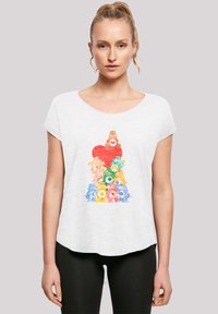 White short-sleeve T-shirt featuring a colorful graphic of stacked bears with a red heart. Lightweight, relaxed fit, and soft texture.