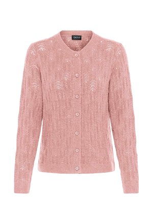 Růžový pletený cardigan s kulatým výstřihem, zapínáním na knoflíky a texturovaným vzorem s proplétanými detaily. Dlouhé rukávy a žebrované manžety.